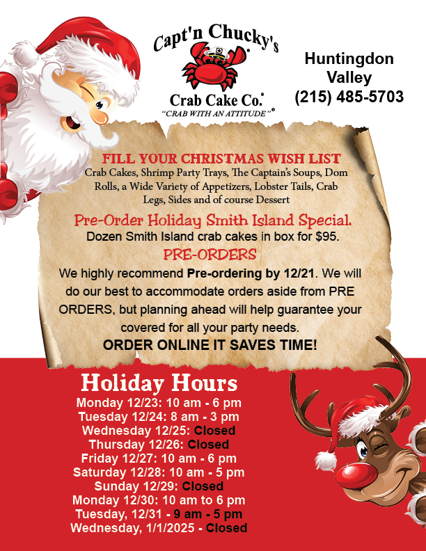 christmas poster Holiday Hours 2024 Huntingdon Valley